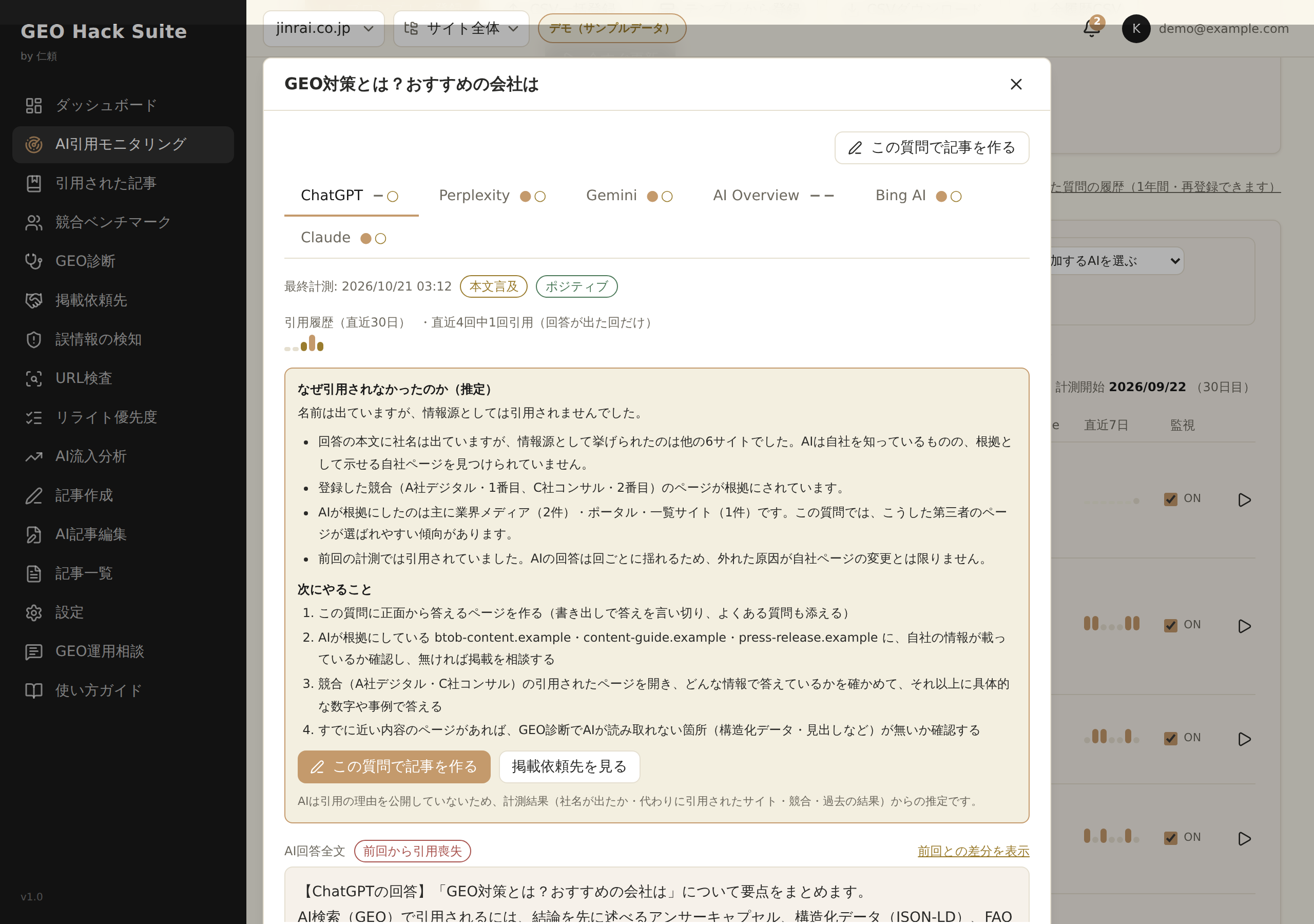 AI引用モニタリングの詳細画面: AIの回答全文と引用元URLの一覧、AI別のタブ